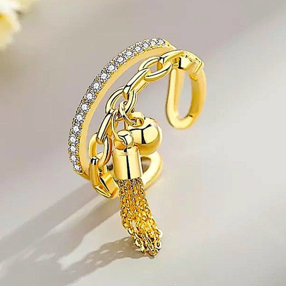 Tassel Ball Drop Gold Plated Double Stack Ring - Picture 3 of 4